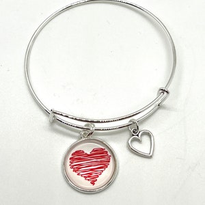 Valentine Heart Charm Bangle Bracelet, Love Charm Bracelet, Filigree Heart Charm Bracelet, Gift for Mom, Gift for Wife, Gift for Her