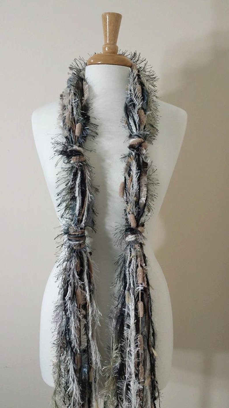 BEST SELLER Scarf Necklace, Fringe Scarf, Upcycled Yarn Scarf Safari Escape Knotted Scarf All Fringe Scarves Womens Scarf image 4