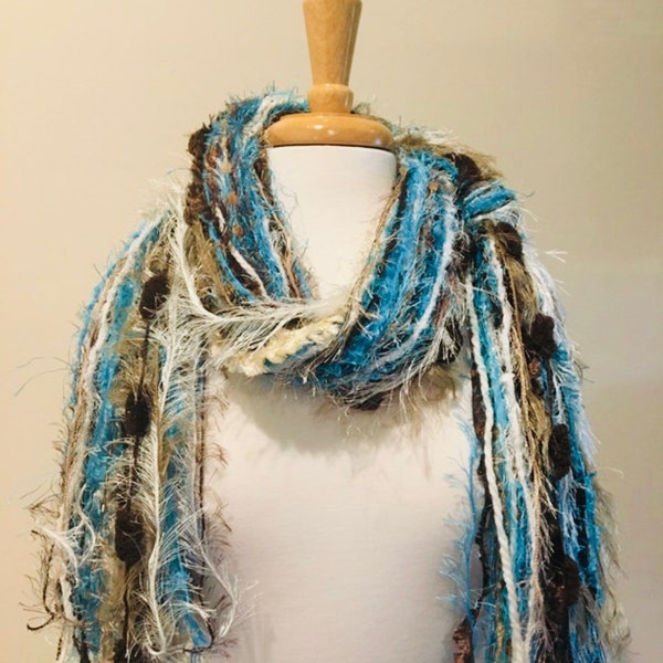 Scarf Necklace, Yarn Scarf, Upcycled Yarn Scarf, Womens Knotted Fringe Scarves - Sophisticated - Turquoise, Cream, Beige and Brown