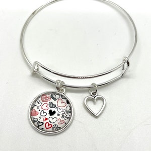 Valentine Heart Charm Bangle Bracelet, Love Charm Bracelet, Filigree Heart Charm Bracelet, Gift for Mom, Gift for Wife, Gift for Her