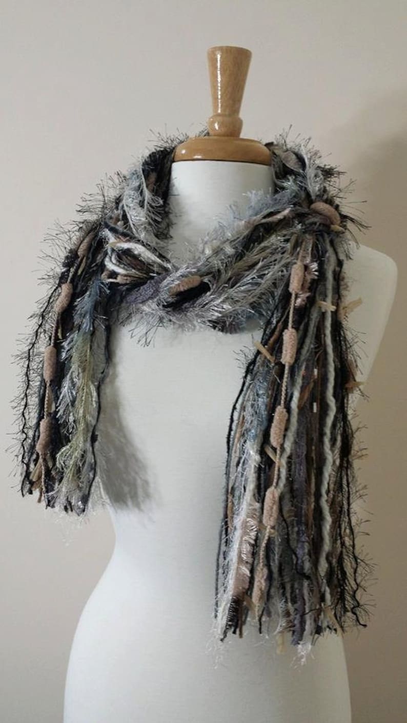 BEST SELLER Scarf Necklace, Fringe Scarf, Upcycled Yarn Scarf Safari Escape Knotted Scarf All Fringe Scarves Womens Scarf image 2