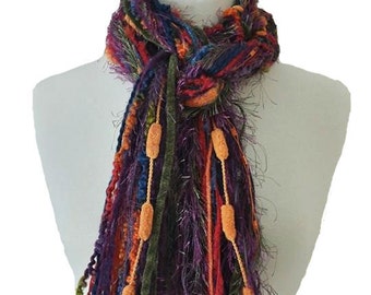 Knotted Fringe Scarf Necklace, Upcycled Yarn, Fall Colors