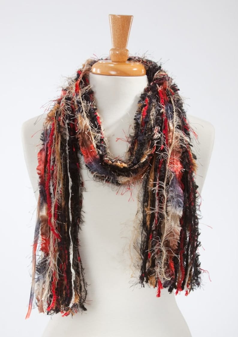 Necklace Scarf, Boho Scarf, Fringe Upcycled Yarn, Knotted Fringe Scarf Class Act Black, Red, Tan