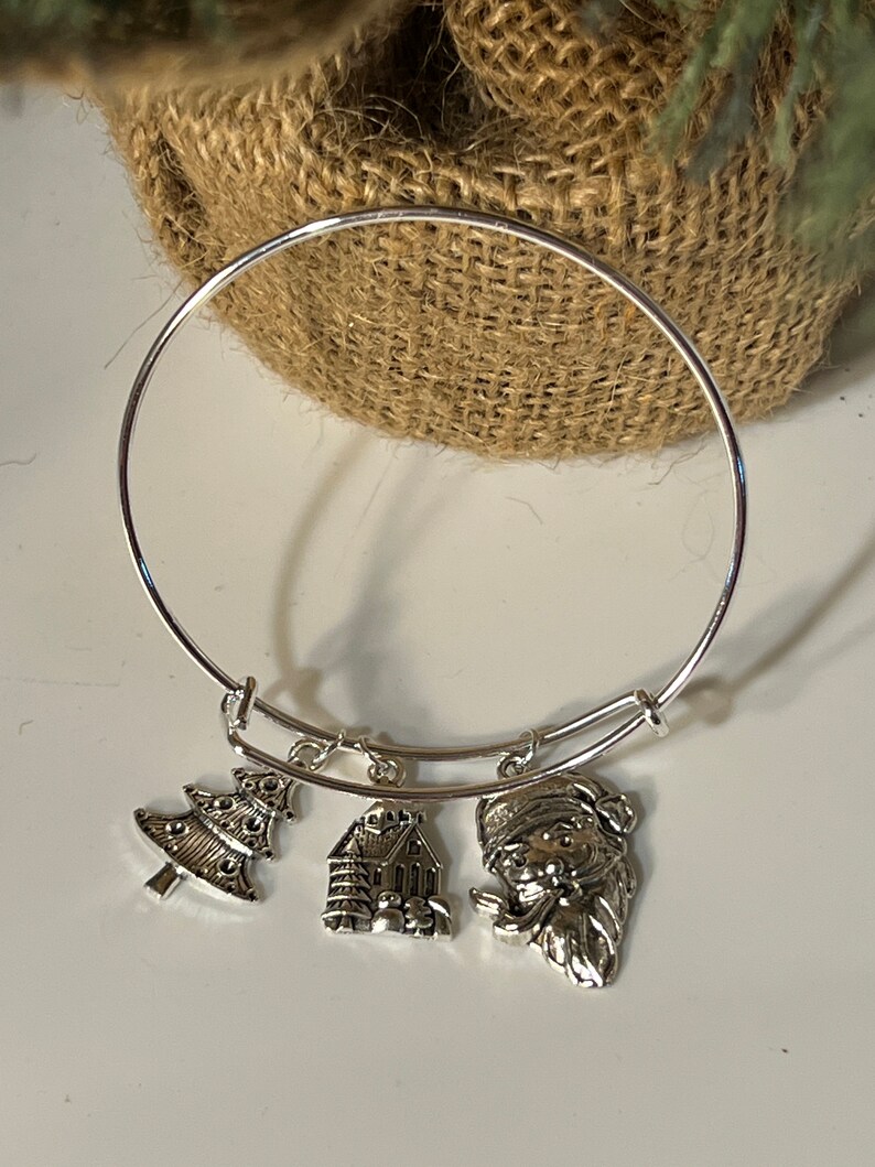 Silver Vintage Santa Claus Earrings and Bangle Charm Bracelet Set image 2