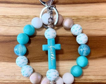 Faith Cross Silicone Bead Wristlet Keychain | Christian Keychain Bracelet | Turquoise Faith Wristlet | Inspirational Gift for Women | Religi