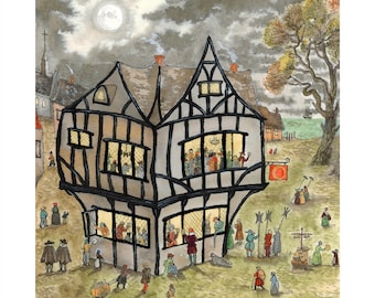 Medieval Inn Art Print, Pub, Cozy Scene, Tudor Architecture - Ship to US