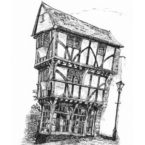 May include: Detailed pen and ink illustration of a historic building with a timber-framed facade. The multi-story structure features numerous windows, a steeply pitched roof, and a cobblestone street. A lamppost stands to the side.