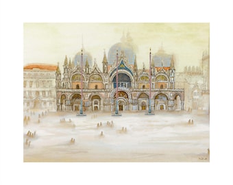 May include: Watercolor painting of St. Mark's Basilica in Venice, Italy. The artwork depicts the basilica's ornate facade with arches, domes, and spires. The painting has a soft, muted color palette with a hazy atmosphere.