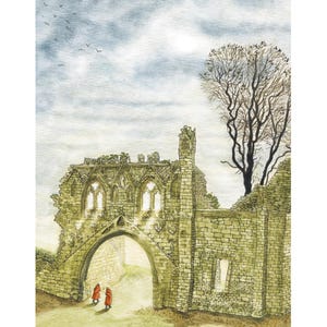 May include: Watercolor illustration of an ancient stone archway and ruins under a cloudy sky. Two figures in red cloaks walk through the arch. A bare tree stands to the right, and birds fly above.