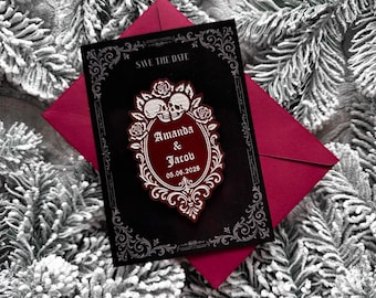 Gothic Black Save the Date Magnet with Skulls. Victorian Fall Wedding or Halloween Invitation with Silver or Gold Letters