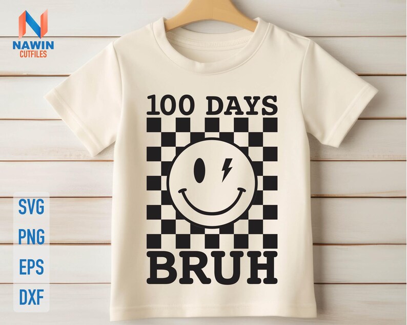 K&ouml;nnte beinhalten: Wei&szlig;es T-Shirt mit einem schwarz-wei&szlig;en Karomuster, einem Smiley mit einem Blitz und dem Text "100 Days  Bruh".