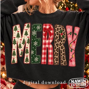 May include: A black long-sleeve sweatshirt featuring the word MERRY in large, decorative letters. Each letter has a unique pattern: Christmas trees, green with snowflakes, red and white gingham with a bow, leopard print, and pink with lights.