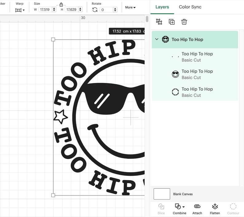 May include: Black and white design of a smiley face wearing sunglasses with the text "Too Hip To Hop" around the face. The design is in a circle.