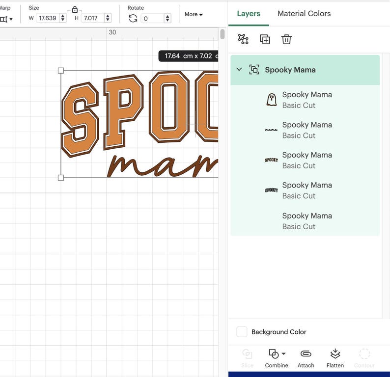 May include: A digital design featuring the text "Spooky Mama" in orange block letters with a brown outline. The word "man" is written in a cursive font below the main text. The design is 17.639 inches wide and 7.017 inches high.