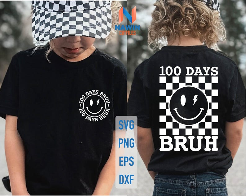K&ouml;nnte beinhalten: Ein schwarzes T-Shirt mit einem wei&szlig;en Karomuster und einem Smiley mit einem Blitz. Der Text "100 Days  Bruh" ist auf dem T-Shirt aufgedruckt.