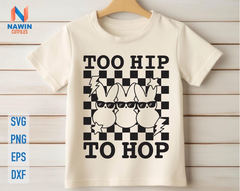 May include: White t-shirt with a black and white checkered pattern and three cartoon bunnies wearing sunglasses. The text "Too Hip To Hop" is printed on the shirt.