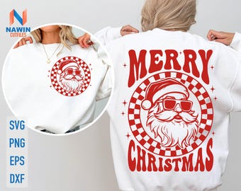 May include: White sweatshirt featuring a red and white checkered circle with a Santa Claus graphic wearing sunglasses. The back of the sweatshirt has the words "MERRY CHRISTMAS" in red, with a Santa Claus graphic.