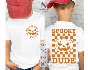 May include: White t-shirt with orange Halloween-themed graphics. The front features a circular design with a jack-o'-lantern and the text "SPOOKY DUDE". The back displays a pumpkin graphic on a checkered background with the text "SPOOKY DUDE".