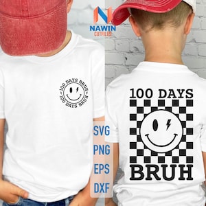 K&ouml;nnte beinhalten: Wei&szlig;es T-Shirt mit einem schwarz-wei&szlig;en Karomuster, das ein Smiley-Gesicht mit einem Blitz und den Text "100 Days  Bruh" zeigt.