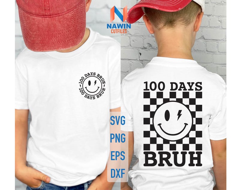K&ouml;nnte beinhalten: Wei&szlig;es T-Shirt mit einem schwarz-wei&szlig;en Karomuster, das ein Smiley-Gesicht mit einem Blitz und den Text "100 Days  Bruh" zeigt.
