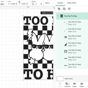 May include: Black and white graphic design featuring two cartoon bunnies wearing sunglasses and a lightning bolt. The bunnies are on a black and white checkered background with the text "Too Hip To Hop" above and below them.