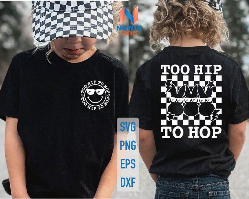 May include: Black t-shirt with a white graphic of a smiley face wearing sunglasses and the text "Too Hip To Hop" in a circle. The back of the shirt has a white graphic of three bunny rabbits wearing sunglasses with the text "Too Hip To Hop" in a checkered pattern.