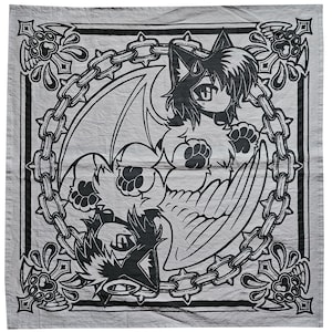 May include: A square, pale grey bandana with a black and white illustration. The design features a cartoon winged creature within a chain-linked circle, surrounded by decorative elements. The bandana has a textured appearance.