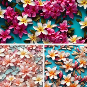 Paket med 3 mönster av plumeria! Tropiska 3D-mönster | 300 DPI högupplöst digital design för kort, tyg, tryck, scrapbooking och mer