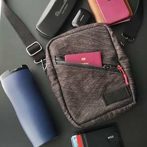 Black Cotton Denim Crossbody Bag for Men - Travel Sling with Adjustable Strap
