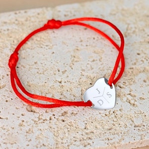 Personalized Satin String Bracelet with Engravable Heart Charm in 925. Sterling Silver or 18K Gold | Initial Bracelet