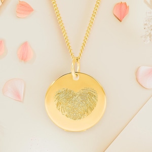 Collier en or massif avec empreintes digitales : collier gravé, bijoux commémoratifs personnalisés et cadeau de deuil en argent sterling 9 carats, 14 carats, 18 carats ou sterling
