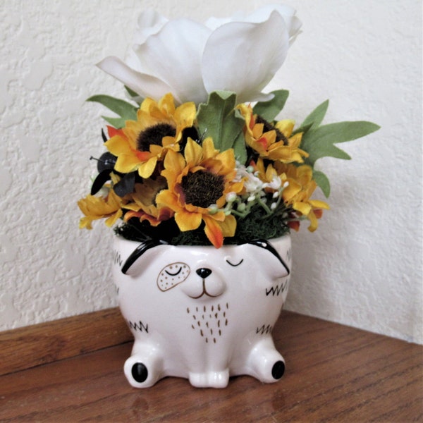 Spot Brings Sunflowers and a Poppy in this Small Petite Pot Faux Floral Arrangement for Window Sill, Desk or Gift in Black, White and Yellow