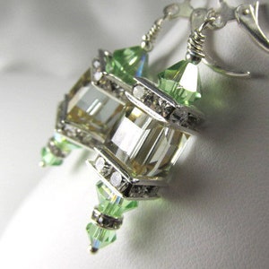 Swarovski Crystal Peridot and Color Changing Cantaloupe Cube Lantern Earrings on Silver Fill Leverbacks image 7