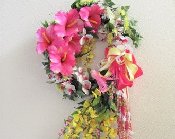 Spring Summer Beaded Victorian Wreath in Bright Raspberry Pink, Yellow and White Orchids with Bird & Butterfly