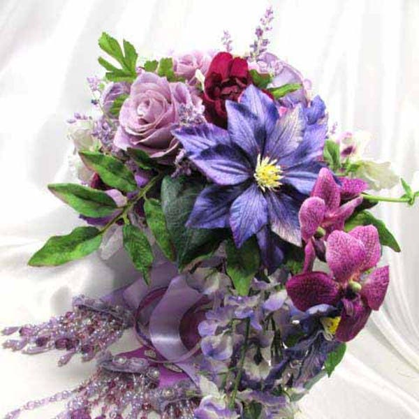 Radiant Orchid Purple, Violet, Lavender, Burgundy and White Cascading Bridal Brooch Bouquet Ready to Ship