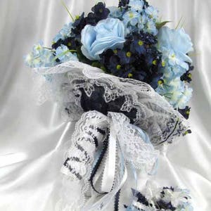 Navy and Baby Blue Serenity Bridal Cascading Bouquet and Boutonniere Set with Pearl Accents ready to ship