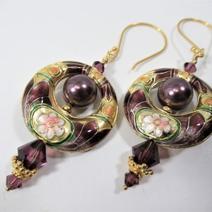 Purple Amethyst Vintage Cloisonné Hollow Hoop Pearl and Crystal Floral Earrings in 22k Gold Vermeil