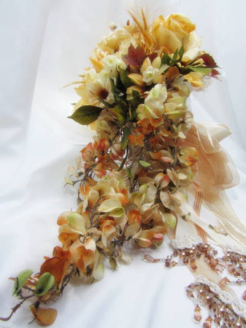 Autumn Light Golden Yellow and Pale Rust Victorian Cascading Beaded Bridal Bouquet ready to ship