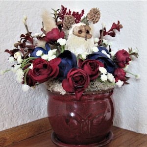 Dark Red Burgundy and Navy Blue with Ivory Brown Baby Owl Small Petite Pot Faux Floral Arrangement for Window Sill, Desk or Gift