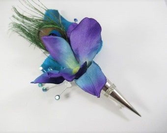 Peacock Feather and Orchid Boutonniere in Blue, Purple and White in Metallic Silver Pin on Holder