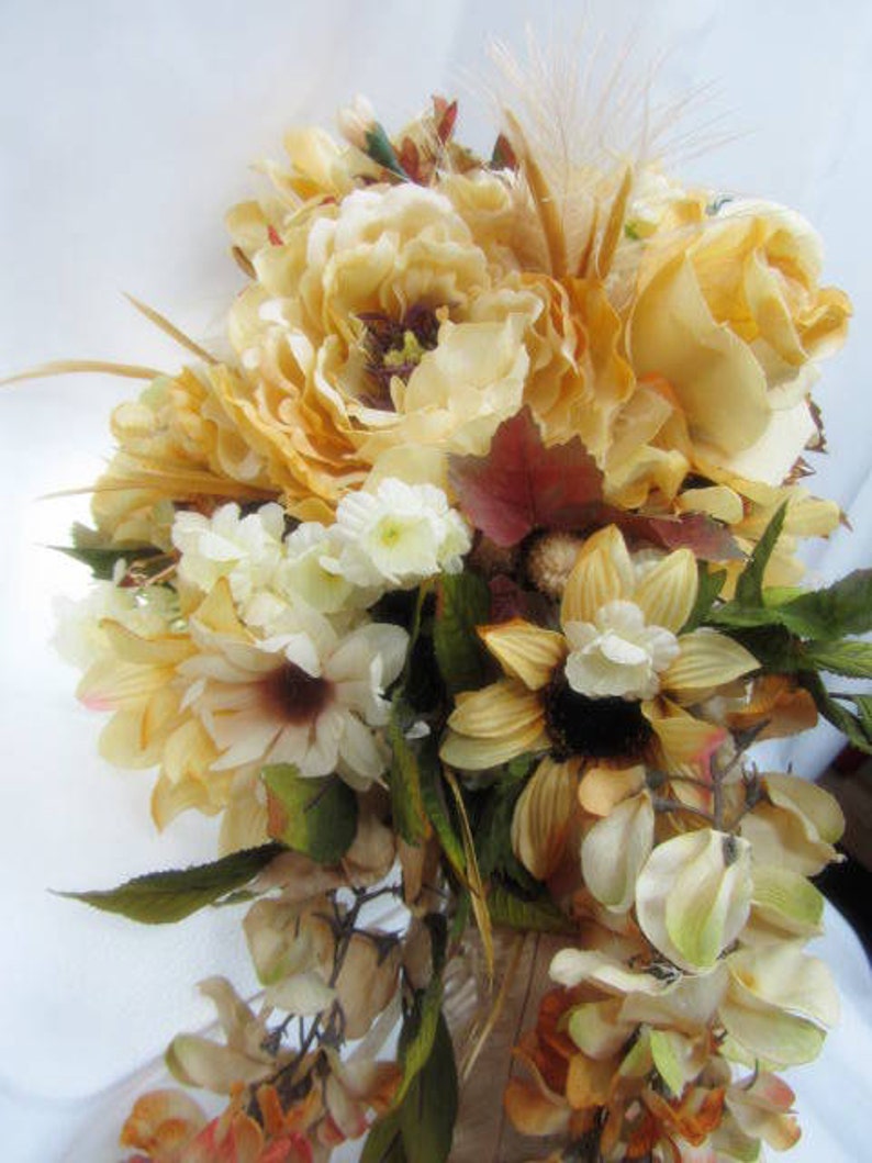 Autumn Light Golden Yellow and Pale Rust Victorian Cascading Beaded Bridal Bouquet ready to ship