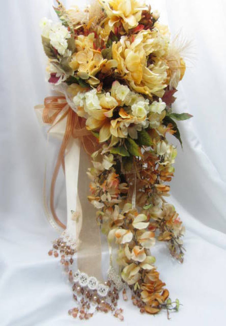 Autumn Light Golden Yellow and Pale Rust Victorian Cascading Beaded Bridal Bouquet ready to ship