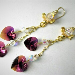 Purple Amethyst AB Swarovski Crystal Heart Earrings with Crystal AB Beads on Gold Earring Wires