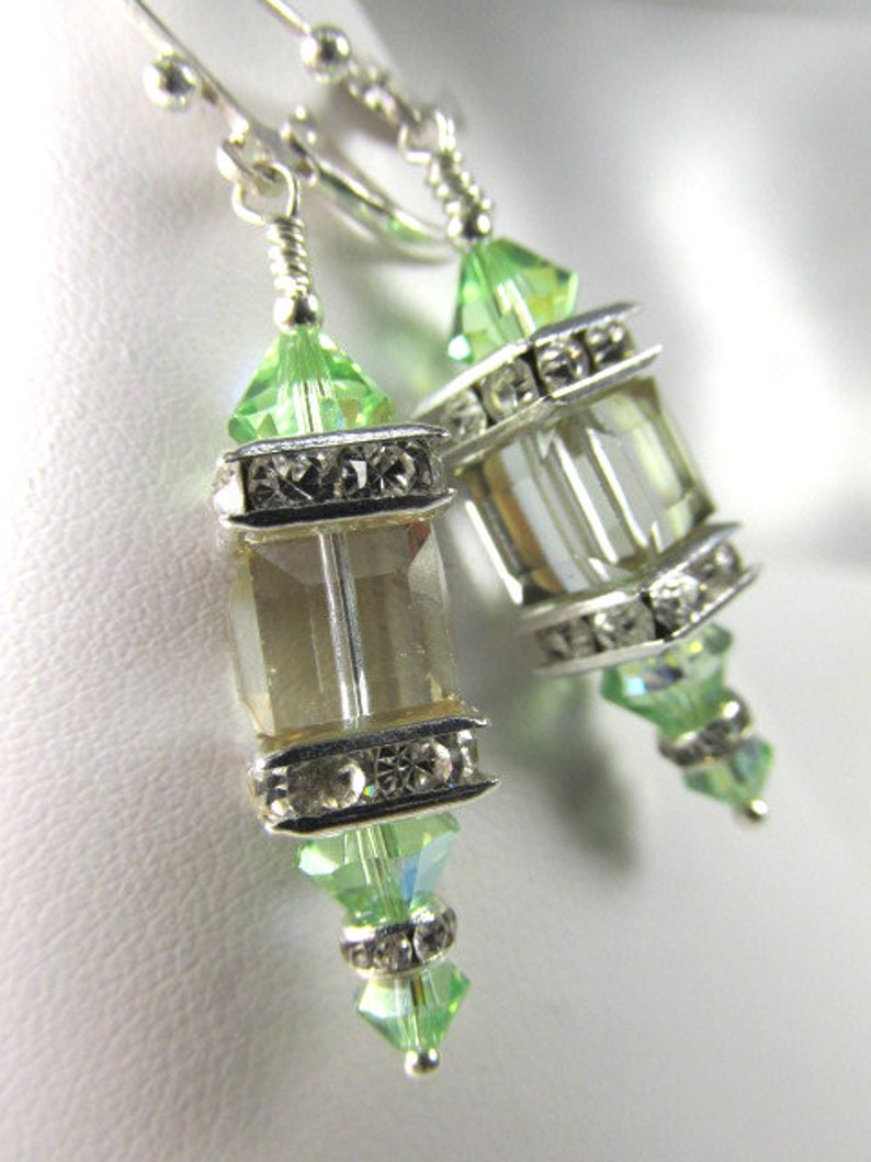 Swarovski Crystal Peridot and Color Changing Cantaloupe Cube Lantern Earrings on Silver Fill Leverbacks image 5