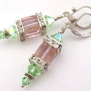 Swarovski Crystal Peridot and Color Changing Cantaloupe Cube Lantern Earrings on Silver Fill Leverbacks image 6