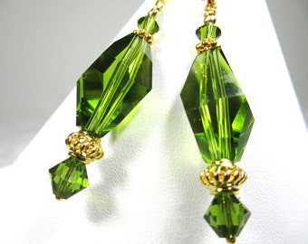 NEW Sparkling Olive Green Polygon Swarovski Crystal with all 22k Gold Vermeil Findings and Earring Wires