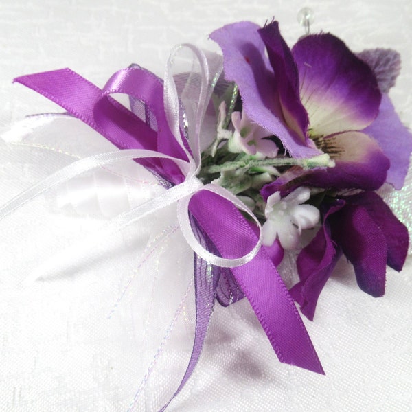 Purple Pansy Pin-On Boutonnierre or Corsage with White Accents in Radiant Orchid Colors For Prom, Groom or Bridal Gifts