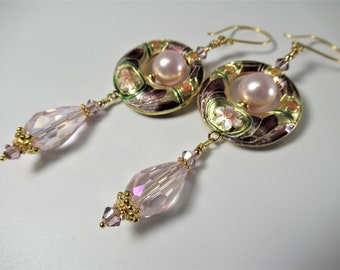 Plum Lavender and Blush Pink Pearl Vintage Cloisonné  Hollow Hoop and Crystal Floral Earrings on 22k Gold Vermeil Earring Wires