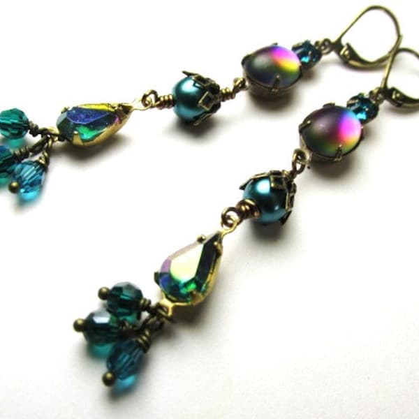 Green Teal Opal Peacock Colored Long Earrings with Brass Vintage Findings on Leverback Earring Wires