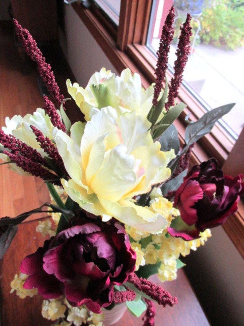 Burgundy Dark Plum and Light Yellow Silk Parrot Tulip Tall Weeping Floral Centerpiece Arrangement